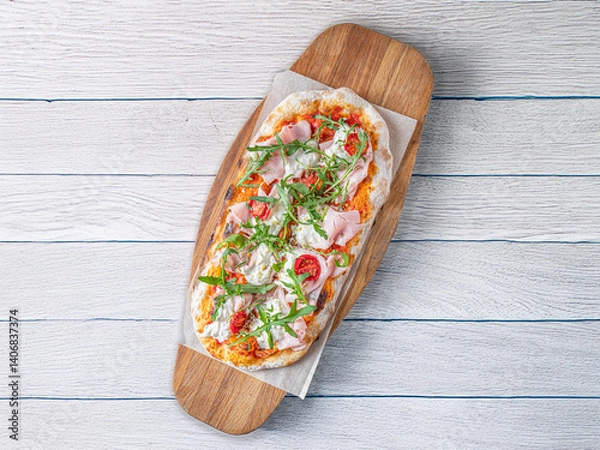 Obraz Italian pizza with mozzarely and dilapidated muzzle with a pistachio on a wooden board. 