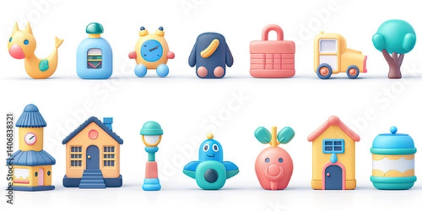 Fototapeta A collection of cartoonish 3D models, perfect for kids' media a variety of objects including vehicles, buildings, and animals, all in bright pastel colors.