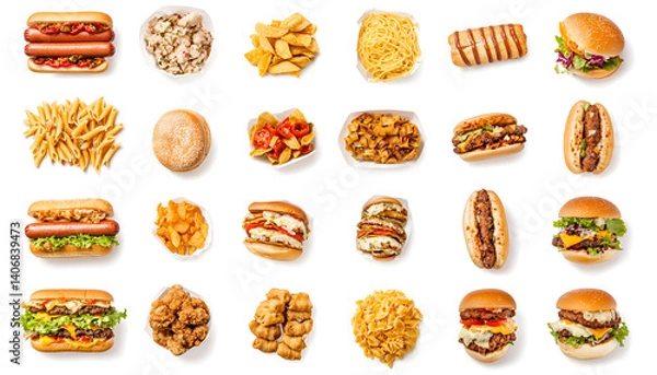 Fototapeta Big menu of various Fast Foods and snacks, isolated on white background. fast food menu set. Assortment of many delicious fast foods isolated. hotdog, pasta, chicken burger, burrito