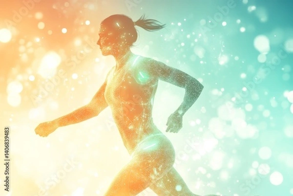 Fototapeta Futuristic female runner in glowing smart sportswear. Biometric light trails, abstract tech background, fast motion, AI-enhanced performance, digital sport concept.
