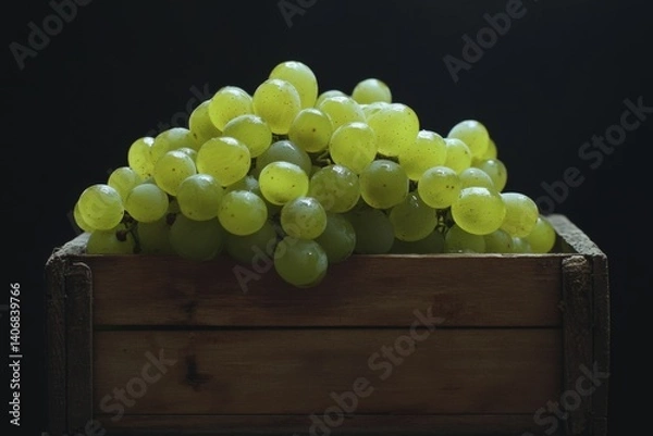 Fototapeta Photo of fresh Shine Muscat grapes arranged in a rustic wooden crate. culinary photography.