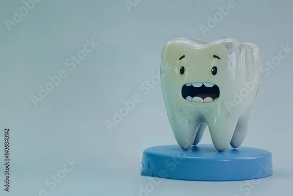 Fototapeta Scared cartoon tooth with caries on blue pedestal - dental fear and oral health problem