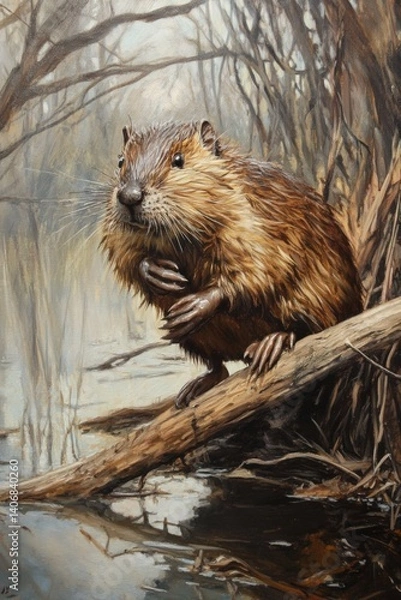 Fototapeta Detailed animal painting of a muskrat perched on a log near a wetland. Naturalistic forest 