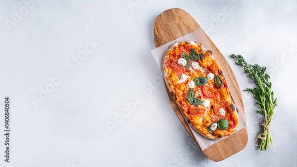 Obraz Classic Margherita pizza with a thin, crispy crust, rich tomato sauce, melted mozzarella, and fresh basil leaves. Served on a rustic wooden board with a warm, textured background, emphasizing its