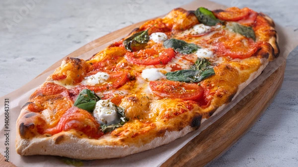 Obraz Classic Margherita pizza with a thin, crispy crust, rich tomato sauce, melted mozzarella, and fresh basil leaves. Served on a rustic wooden board with a warm, textured background, emphasizing its