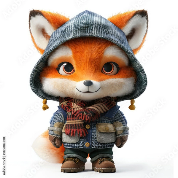 Fototapeta A digitally rendered cartoon fox, dressed in cozy winter attire,  exuding a happy and friendly expression.