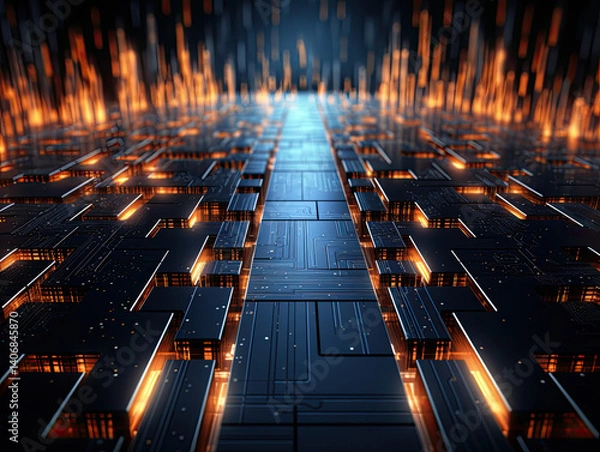 Fototapeta A digital illustration of a complex technological network or system, depicted as glowing blocks.