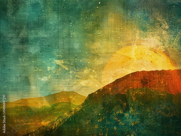 Fototapeta A stylized, textured landscape painting showing a mountainous horizon at sunrise or sunset, with a blend of earthy and warm colors.