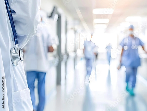 Fototapeta A medical personnel-filled hospital corridor, showcasing busy activity, with blurred figures of doctors and nurses in motion.