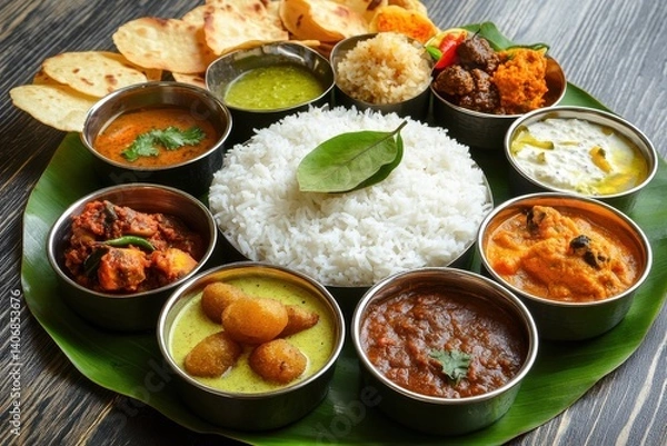 Fototapeta Overhead view of indian thali meal with rice and various curry dishes served
