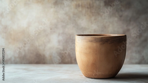 Fototapeta Artisan Clay Cup with Rustic Texture on Soft Gray Background