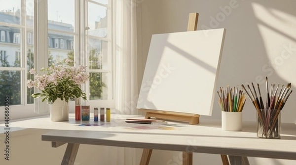 Obraz Sunlit art studio with easel, paints, and brushes by window