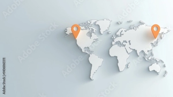 Fototapeta Two location markers on world map with 3d relief on light background