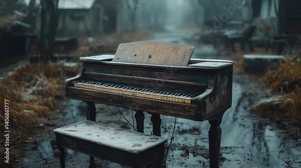 Fototapeta Abandoned Piano in a Foggy, Desolate Setting