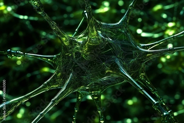 Fototapeta Abstract green neural structure, blending organic form with sci-fi aesthetics. Microscopic neuron visualization with fine connections and glowing details.