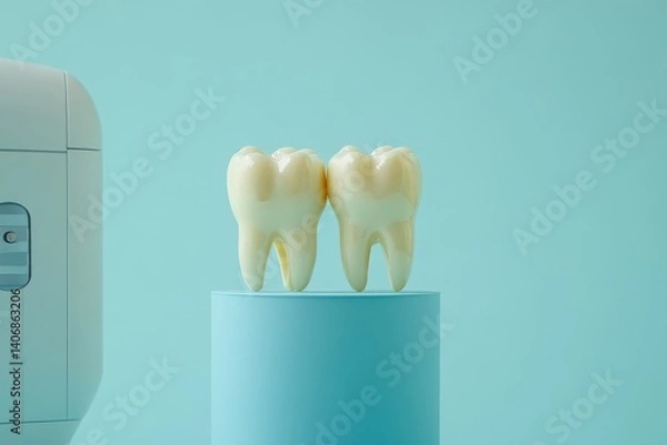 Fototapeta clean tooth on blue background - minimal dental care concept