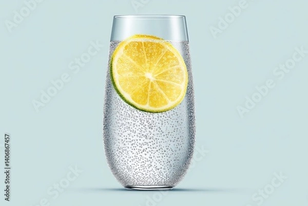 Fototapeta Refreshing Sparkling Water in a Transparent Glass With Lemon Slice Against a Light Background on a Warm Day