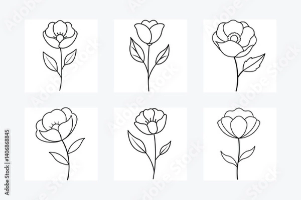 Obraz Poppy Flower Set Line Art Vector Illustration.