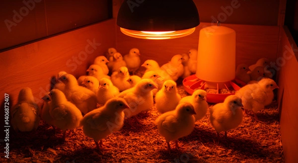 Obraz Newly Hatched Chicks Gather Under a Heat Lamp in a Wooden Coop