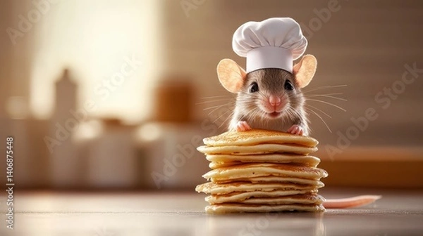 Fototapeta A mouse wearing a tiny chef hat in front of a miniature stack of pancakes