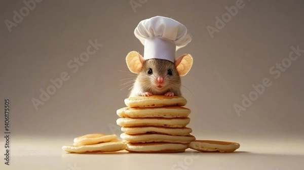 Fototapeta A mouse wearing a tiny chef hat in front of a miniature stack of pancakes