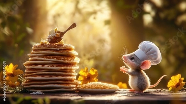 Fototapeta A mouse wearing a tiny chef hat in front of a miniature stack of pancakes