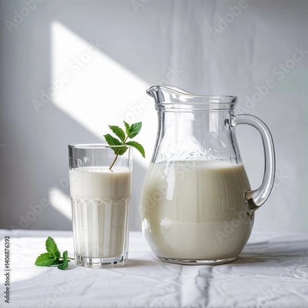 Obraz A minimalistic composition features a clear glass pitcher and tall glass filled with fresh white milk, showcasing the creamy texture of the milk.