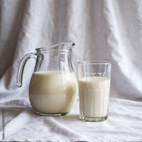 Obraz A minimalistic composition features a clear glass pitcher and tall glass filled with fresh white milk, showcasing the creamy texture of the milk.