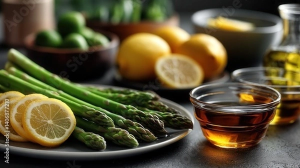 Obraz Fresh Vibrant Asparagus and Lemons in Kitchen Setting