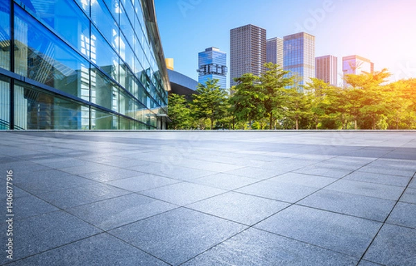 Fototapeta Empty square floor and glass wall with modern office buildings in Shenzhen