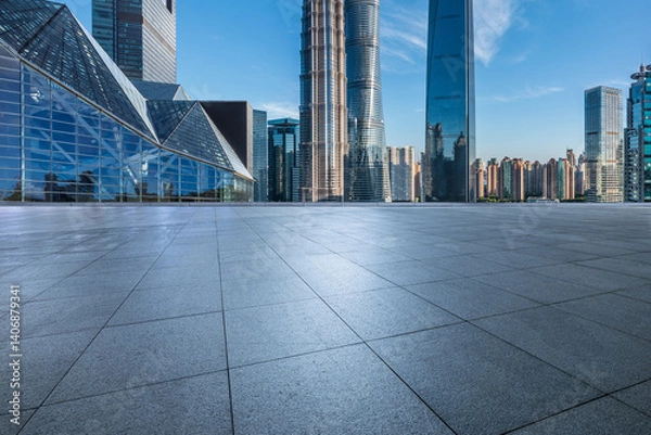 Fototapeta Empty square floor and cityscape with skyscraper background