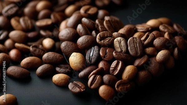 Fototapeta Rich aromatic coffee beans scattered on dark surface