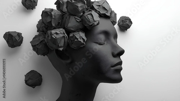 Fototapeta Sculpted Serenity: A close-up view reveals a minimalist, serene portrait of a woman, her face and hair replaced by dark paper that symbolizes pressure and strain.