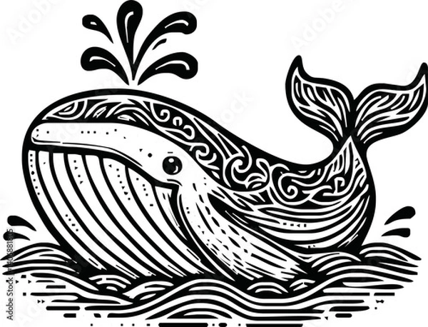 Fototapeta Humpback whale, line art isolated on white background. Minimal abstract whale linear sketch drawing.