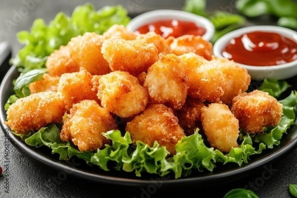 Fototapeta Crispy bites on a bed of lettuce