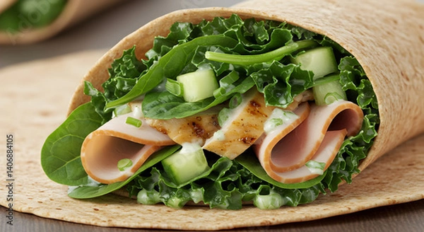 Obraz Delicious And Healthy Turkey Wrap With Fresh Vegetables And Tasty Sauce