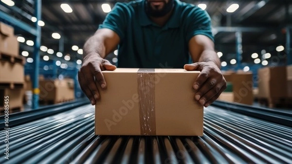Obraz Close-up of a warehouse worker placing a package on a conveyor belt, detailed hands and textures