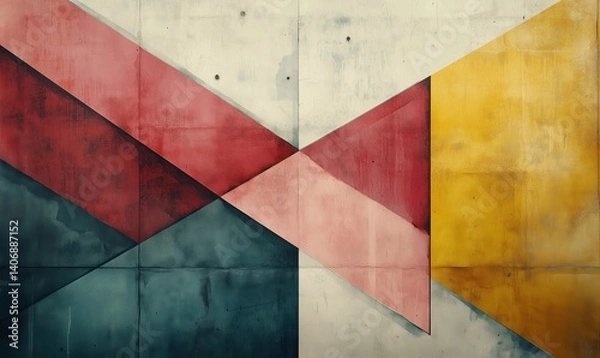 Fototapeta Abstract geometric wall art with red, yellow, and blue shapes creating modern design
