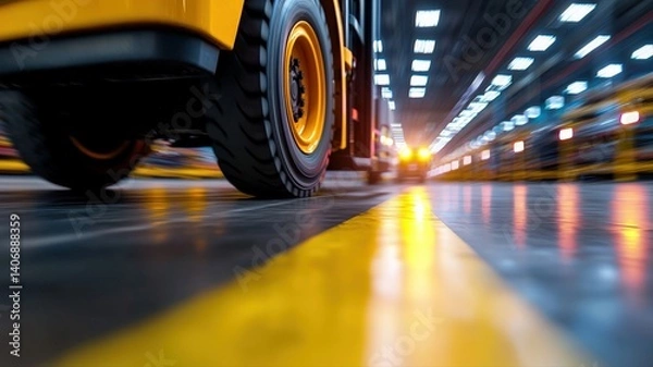 Obraz Close-up of forklift wheels rolling over a smooth warehouse floor, motion blur effect, high detail