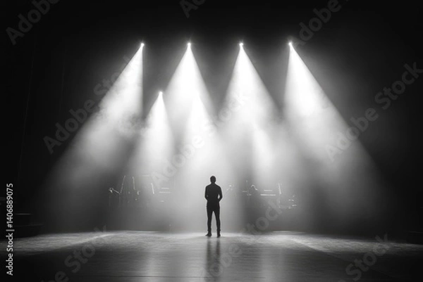Fototapeta A lone figure stands on a stage bathed in spotlights, facing a blurred orchestra in a hazy, dramatic scene.