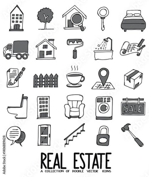 Fototapeta Real Estate Related Doodle vector icon set. Drawing sketch illustration hand drawn line eps10