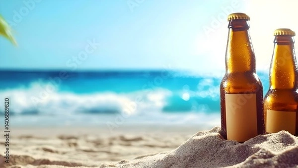 Fototapeta Two bottles of beer partially buried in sand on a beach with a clear blue ocean in the background. Concept Beach Vibes, Beer and Sun, Coastal Relaxation, Ocean View, Summer Fun