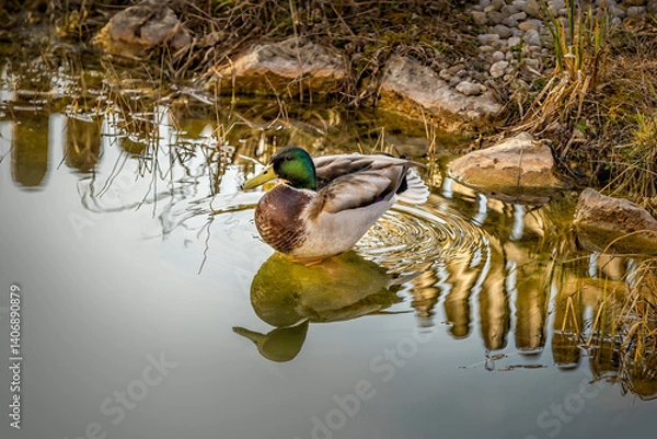 Fototapeta Male mallard duck swimming in a private pond on a day in April