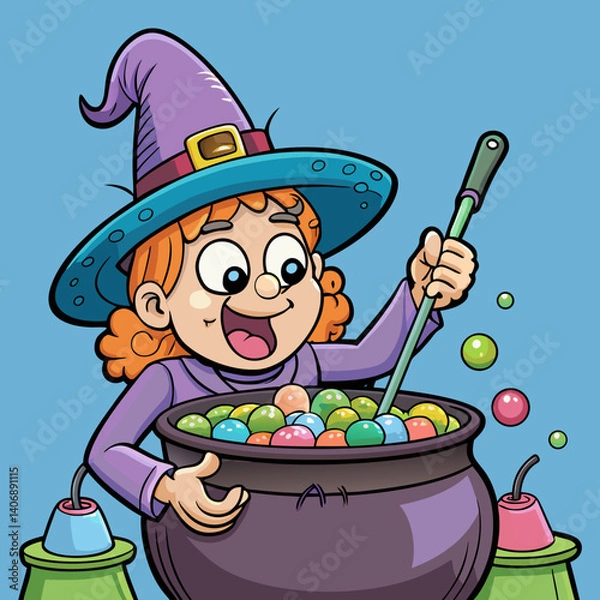 Fototapeta A quirky witch brews bubblegum potions in a vibrant, candy-colored cauldron with whimsical magic vibes.