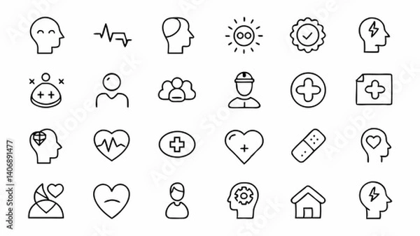Fototapeta Stylized mental health line icons with clean minimalist design for psychological support, therapy, anxiety relief, brain care, and wellness-themed visuals