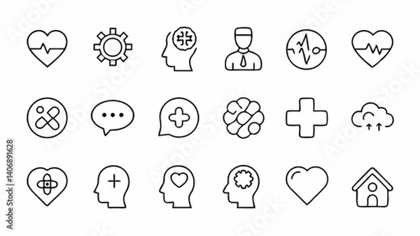 Fototapeta Editable mental health icons in outline style representing therapy, support groups, stress relief, positive thinking, mental exercises, and healthcare
