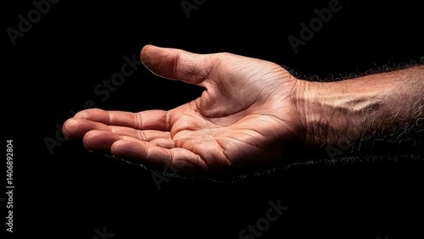 Fototapeta An outstretched hand, palm up, against a black background, emphasizing the details of the hand's features. Concept Hand Details, Black Background, Palm Up Pose, Emphasizing Features