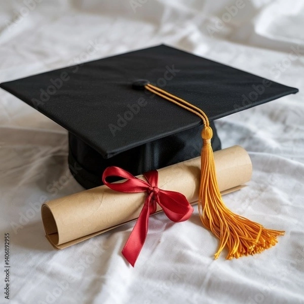 Obraz A golden tassel graduation cap and rolled-up diploma, tied with a red ribbon, symbolize academic achievement, success, and celebration of graduation.