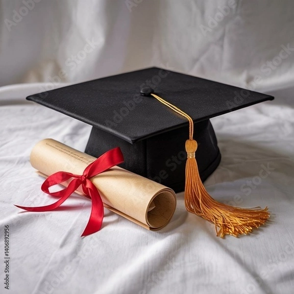Obraz A golden tassel graduation cap and rolled-up diploma, tied with a red ribbon, symbolize academic achievement, success, and celebration of graduation.
