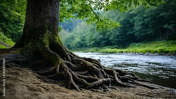 Fototapeta A tree with exposed roots near a riverbank, surrounded by lush greenery and serene water. Concept Exposed Tree Roots, Serene Riverbank, Lush Greenery, Nature Photography, Tranquil Landscape